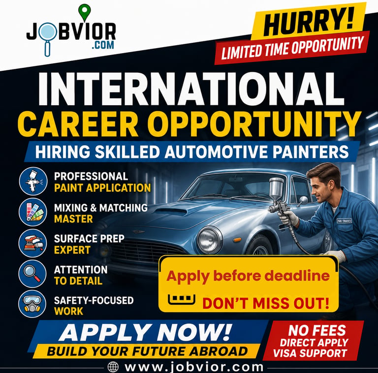 International career opportunity poster for skilled automotive painters, featuring a worker