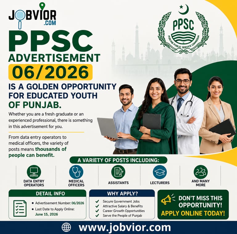 PPSC Advertisement 06/2026 poster showcasing government job opportunities in Punjab,