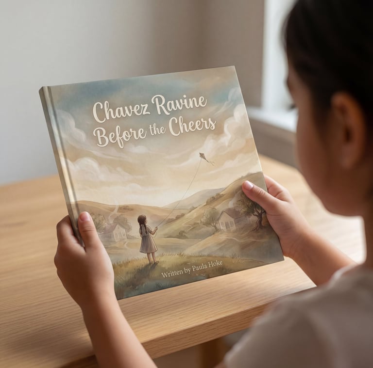 A young girl holds the Chavez Ravine Before the Cheers children's book by Paula Hoke.
