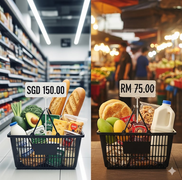 Lower cost of living in Malaysia. Grocery cost in Singapore (SGD 150) vs. Malaysia (RM 75).
