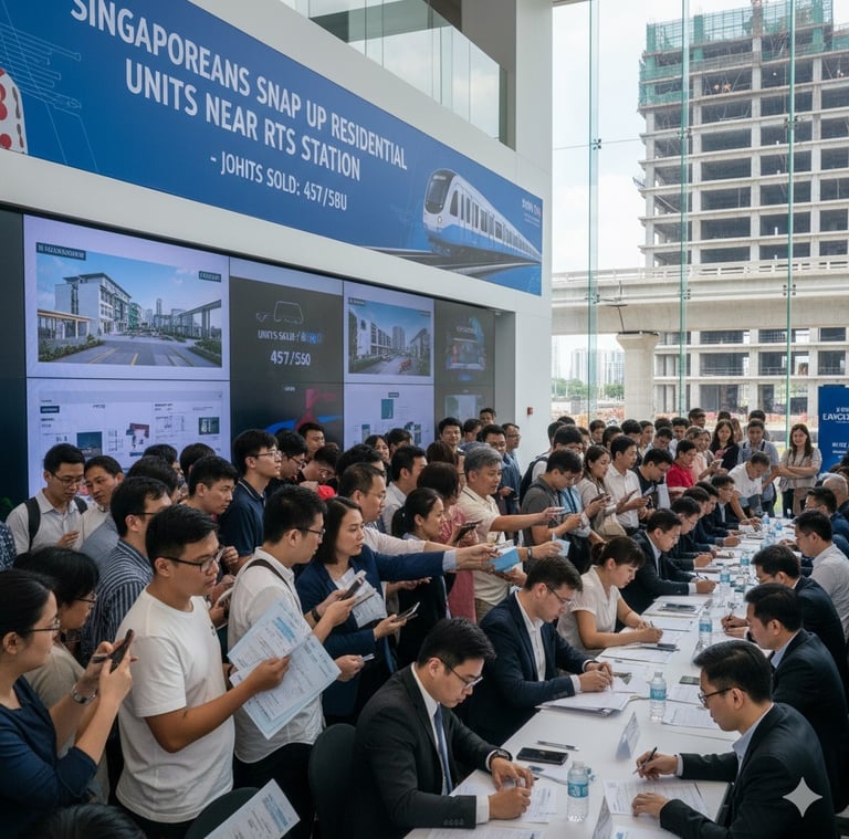 Property sales event crowded with buyers. Sign reads: 'Singaporeans Snap Up Units Near RTS Station.'