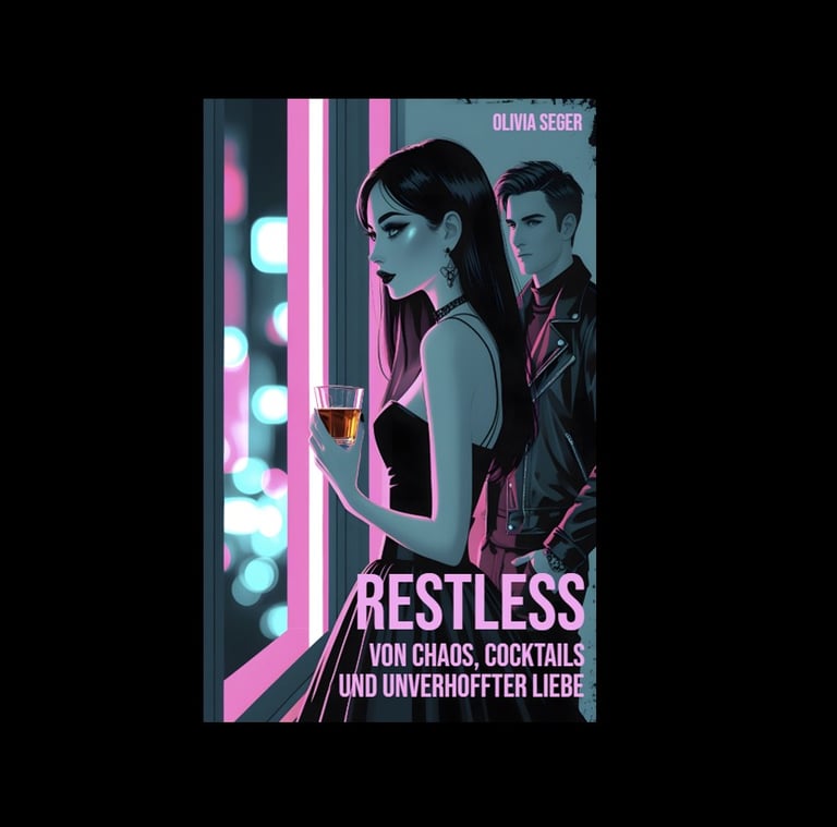 Illustrated romance book cover for Restless by Olivia Seger featuring a woman with a cocktail and a man in a leather jacket.
