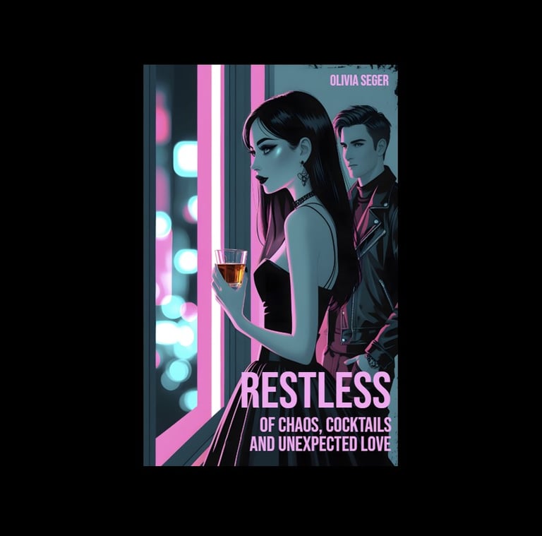Restless book cover featuring a woman with a cocktail and a man in a leather jacket against city lights.