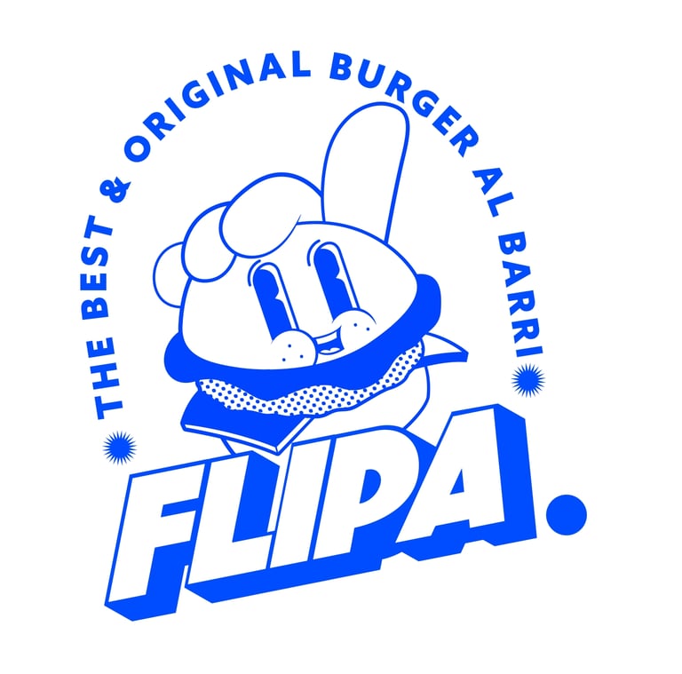 Logotip de Flipa Burger amb mascota i el missatge The Best & Original Burger al Barri