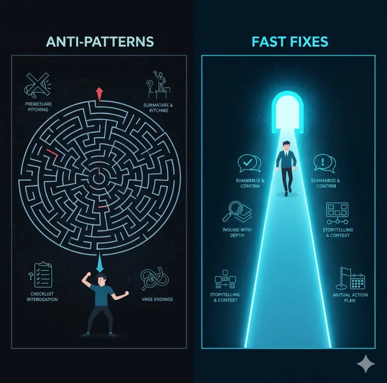 Sales anti-patterns shown as a maze vs. fast fixes as a clear path."