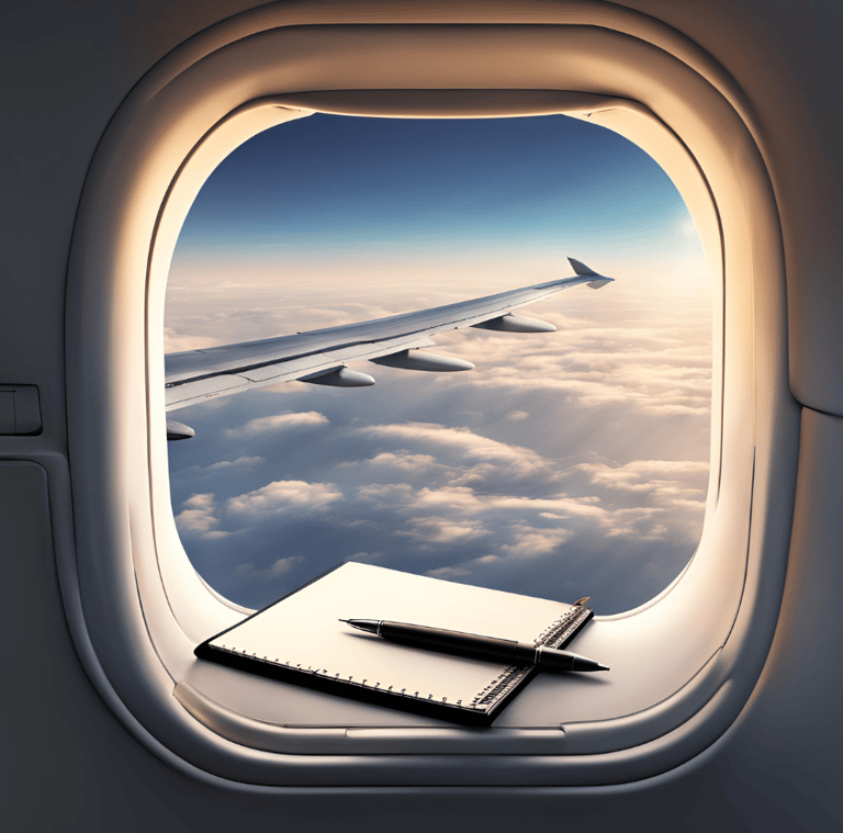 airplane window seat, notepad and pen