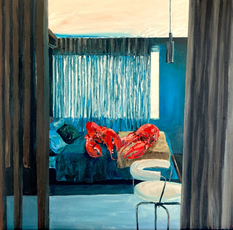 a painting of a lobsters in a bedroom