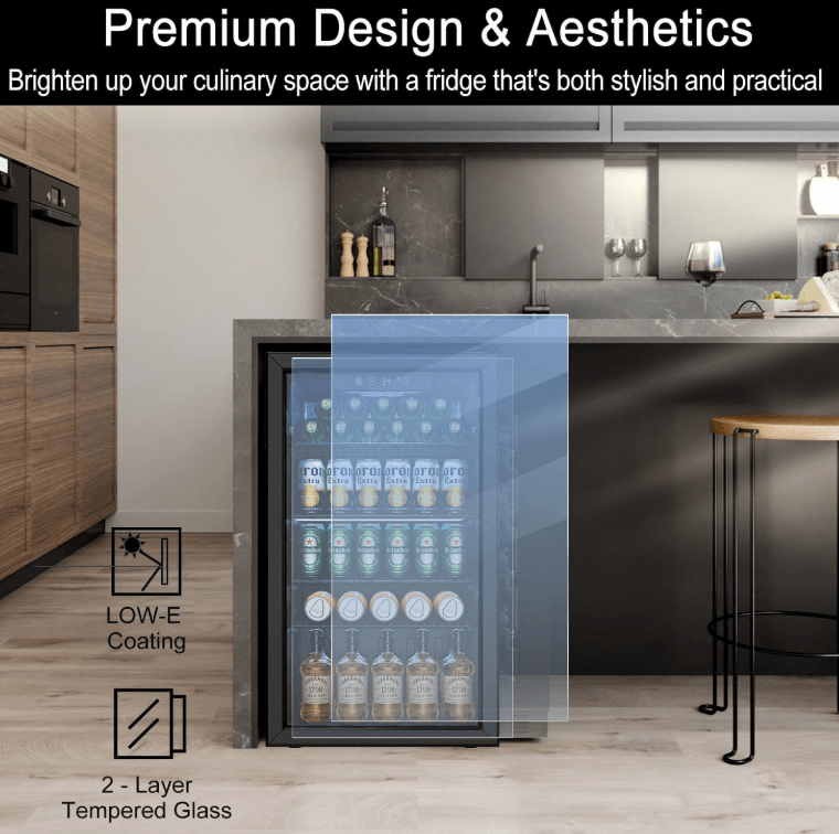 a refrigerator with a glass door and a bar stool