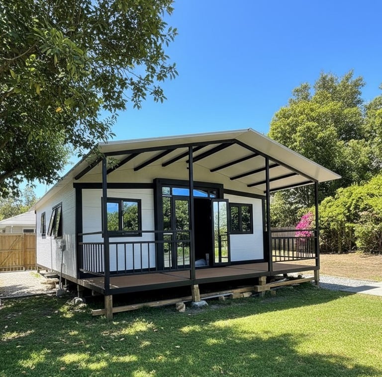 Maison modulaire blanche avec toiture deux pans et grande terrasse dans un jardin verdoyant.