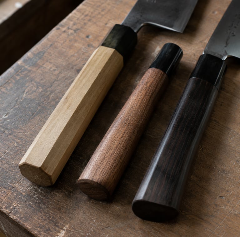 Handcrafted Japanese chef knives with assorted octagonal and round wooden handles on a rustic timber surface.