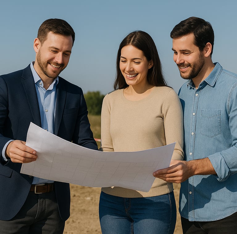 Personas viendo plano de terreno