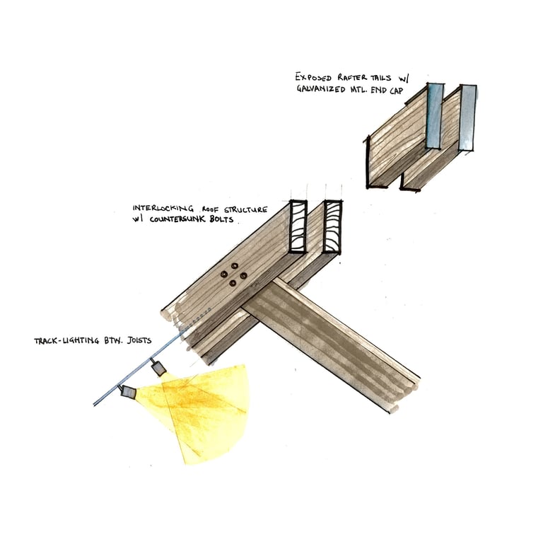 A detail sketch of a custom wood structure with integrated track lighting