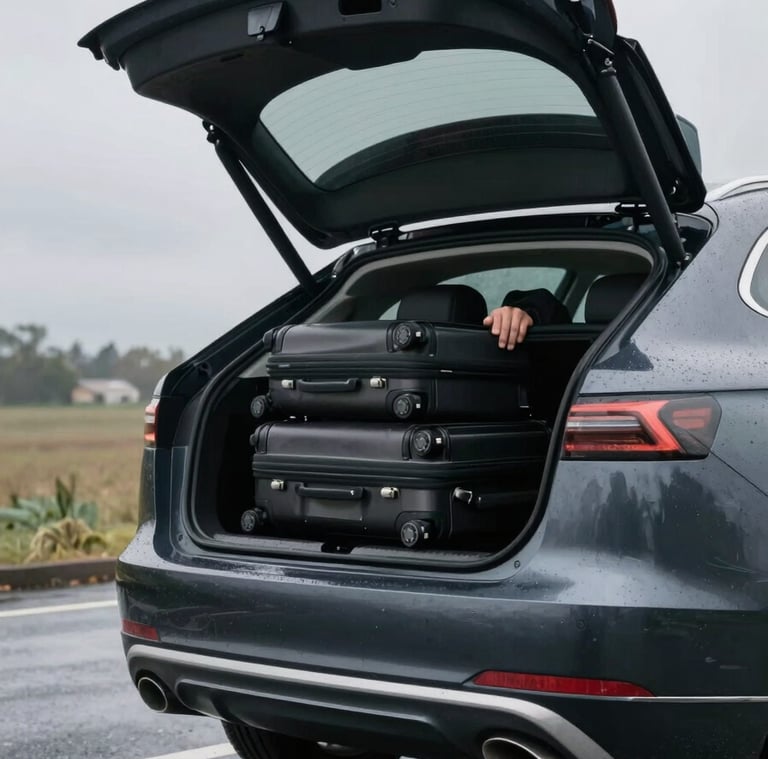 Close documentary shot of a wheeled suitcase being loaded into the boot of a dark saloon car, driver's hands visible, overcast morning light, wet tarmac reflecting grey sky, no faces shown