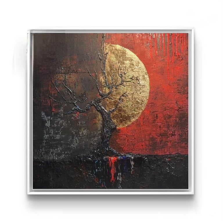 a painting of a tree with a red sky in the background