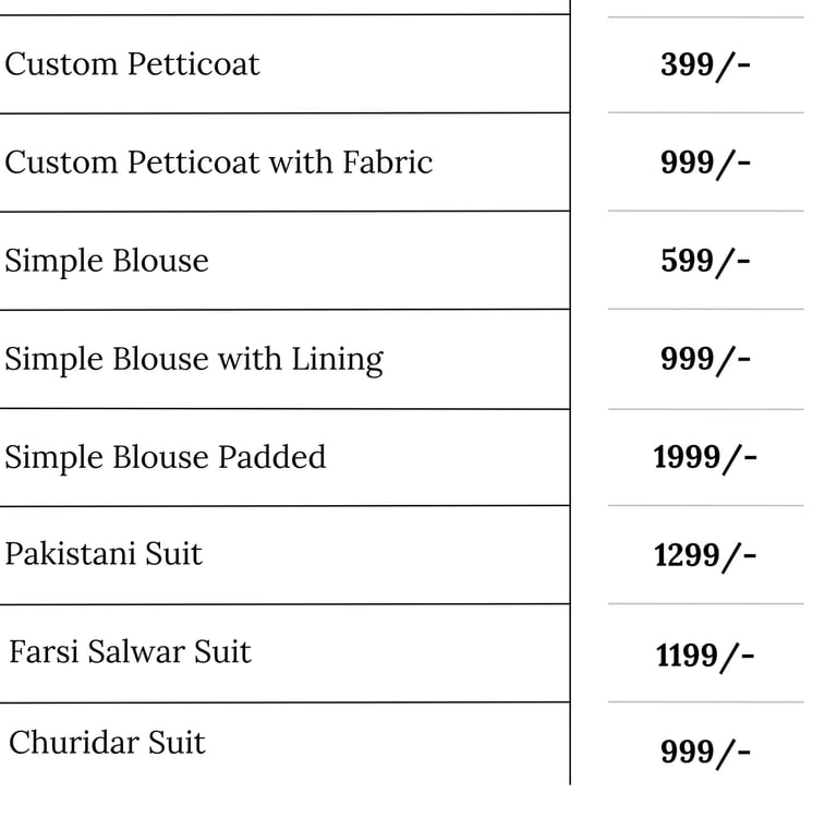 tailor with price list