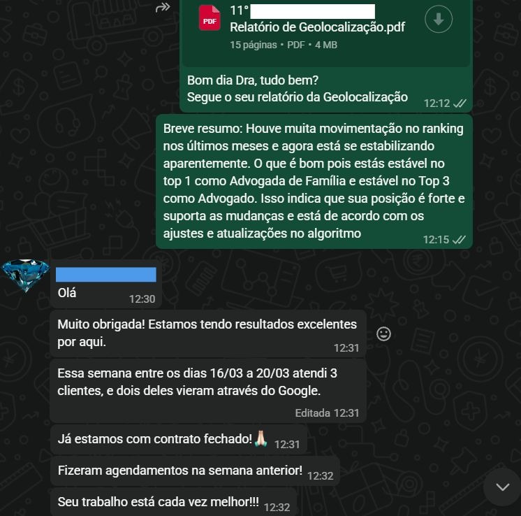 WhatsApp chat showing a geolocation report and positive client feedback for a family lawyer's SEO services.