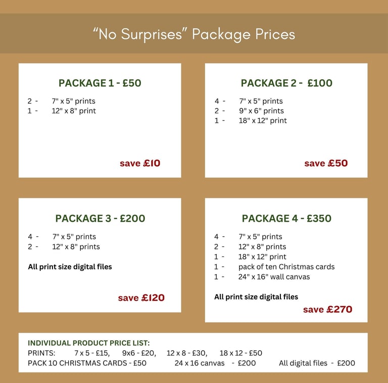 Photograph package price list for Christmas Photographs