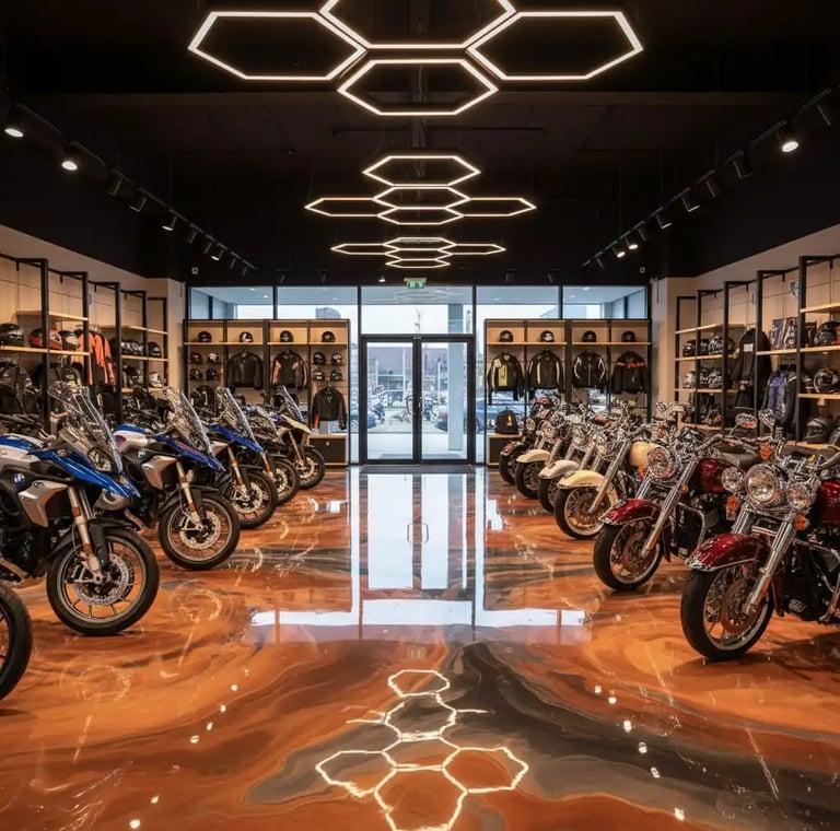 "Motorcycle showroom with reflective metallic epoxy flooring in marbled brown and orange tones.