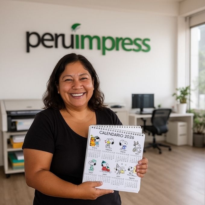 Calendario de escritorio personalizado 2026 con logo de empresa en oficina moderna de Lima, Perú