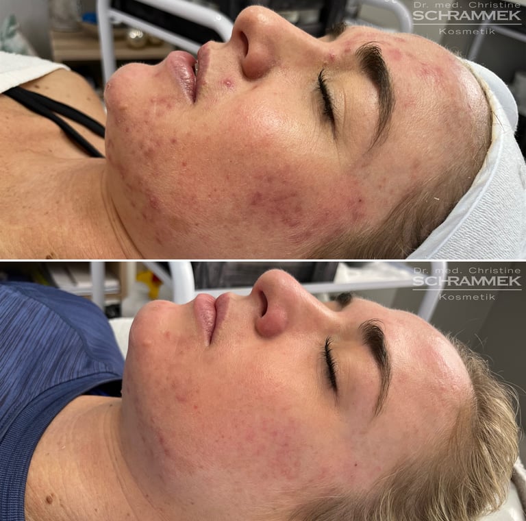 a woman comparation after and before green peel express 