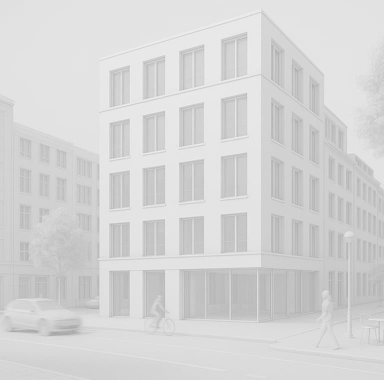 Städtebauliches Weißmodell eines Büro- und Wohngebäudes