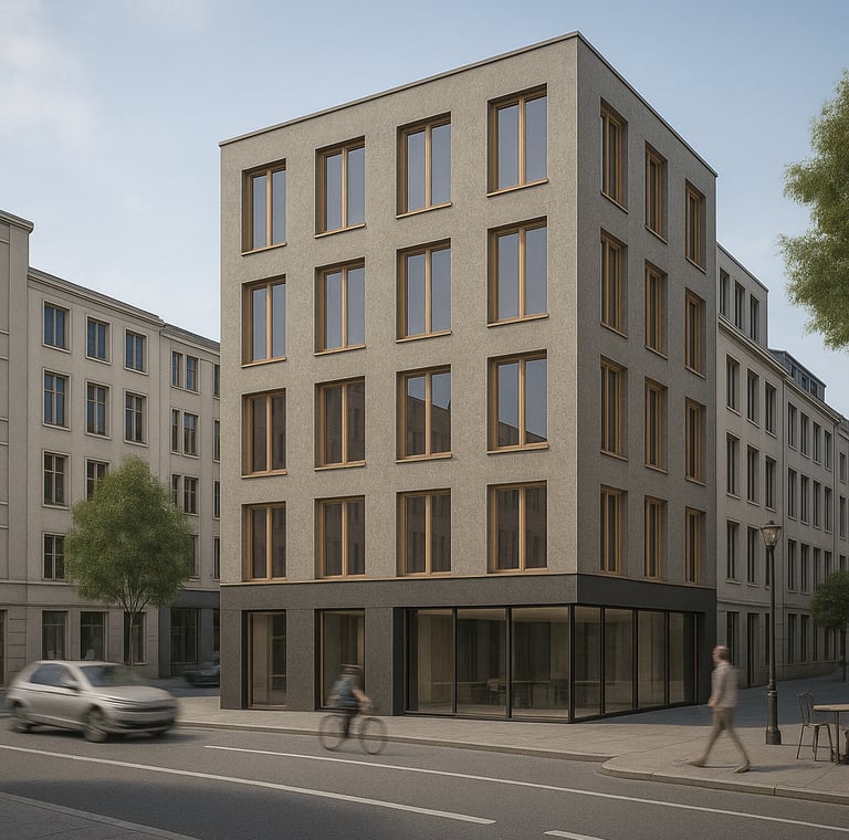 Architekturvisualisierung eines modernen Eckgebäudes mit Putzfassade