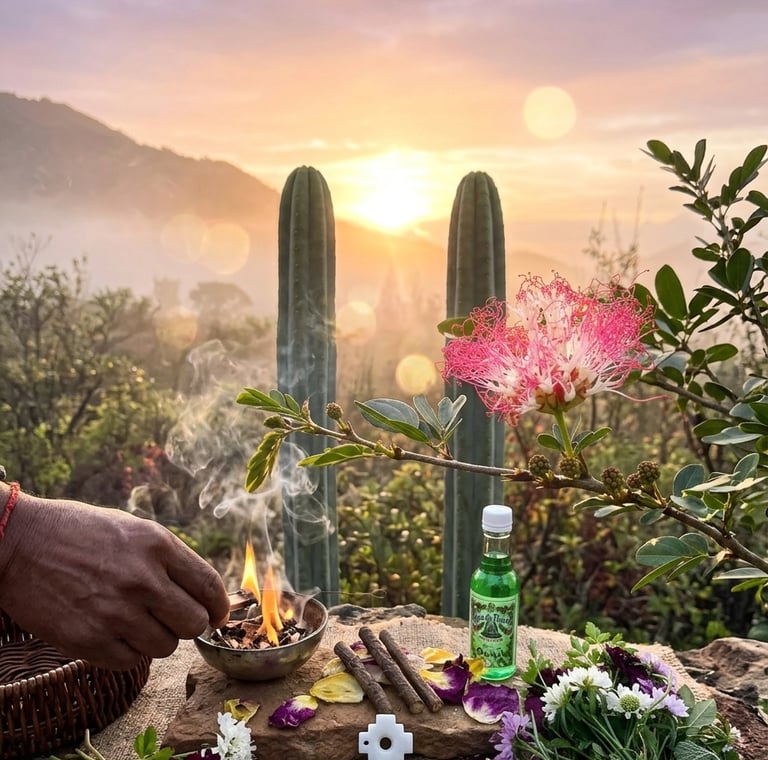 Spiritual sunrise ritual with burning sage, flowers, and holy water against a mountain landscape.