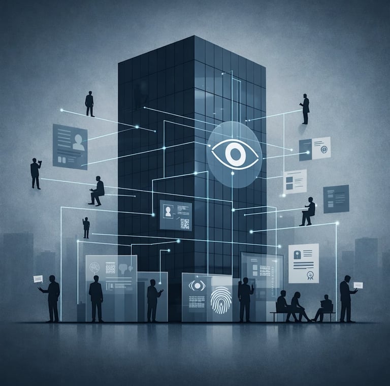 Digital surveillance concept showing people silhouettes around a skyscraper with data tracking icons and an eye symbol.