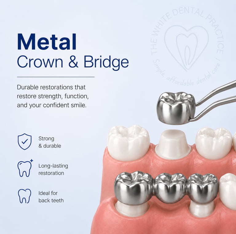 Replace missing teeth, fixed, permanent Metal or Ceramic @ The White Dental Practice Mankapur Nagpur