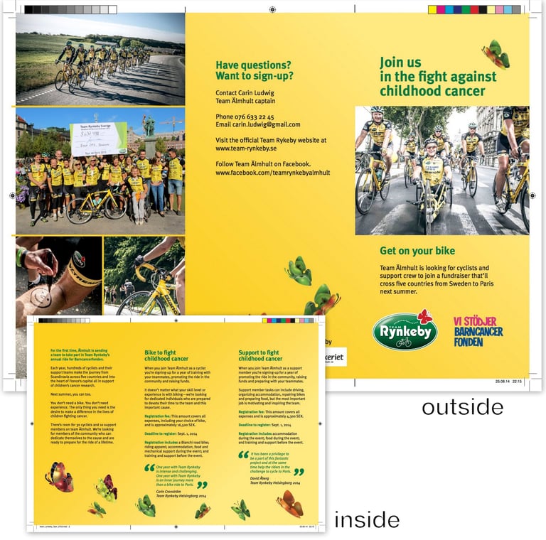 Promotional brochure for Team Älmhult Rykeby cancer fundraiser