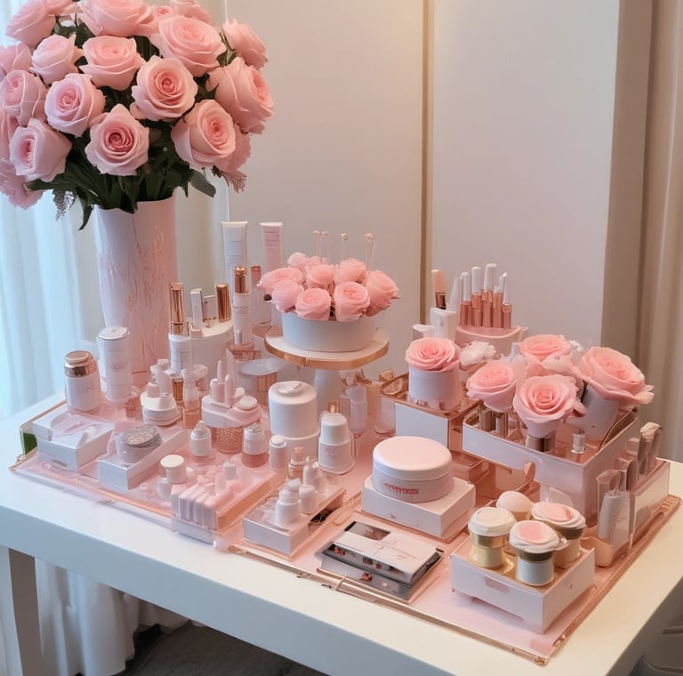 A collection of skincare and cosmetic products is arranged on white blocks against a soft blue background. The products vary in size and packaging, including tubes and bottles labeled with the brand name 'Glossier'. A mascara wand and a small tube are suspended above the arrangement, adding a dynamic element to the composition.
