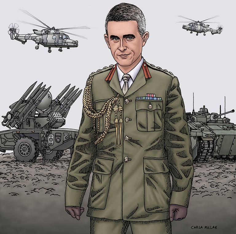 Uk politician dressed in a general's uniform in front of tanks and helicopters.
