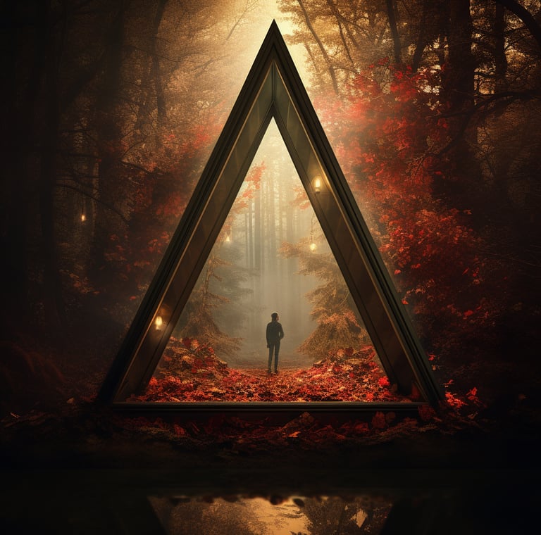 a man standing in front of a triangle shaped object
