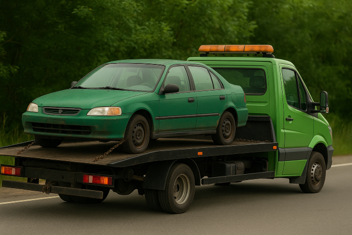 A green tow truck hauls an old green sedan down a road.