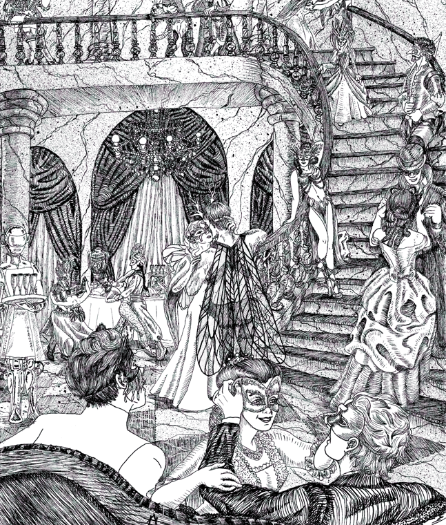 black and white pen and ink illustration Steampunk Victorian masquerade dance party narrative character