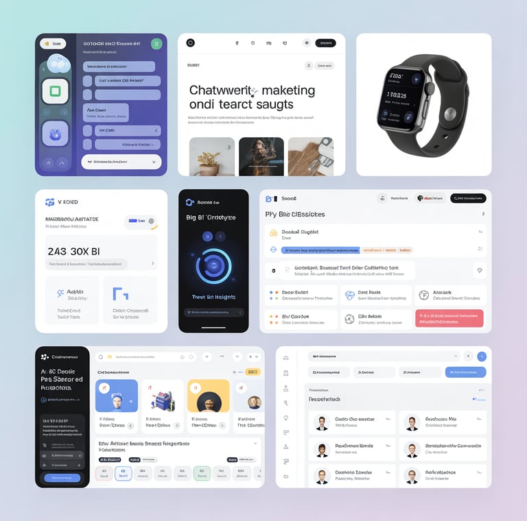 Colagem IA: chatbot, artigo, smartwatch, dashboard, código, banner e recrutamento – 7 estratégias IA