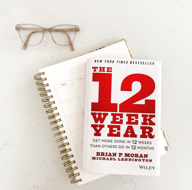 a book with a pair of glasses and a notebook with a calendar