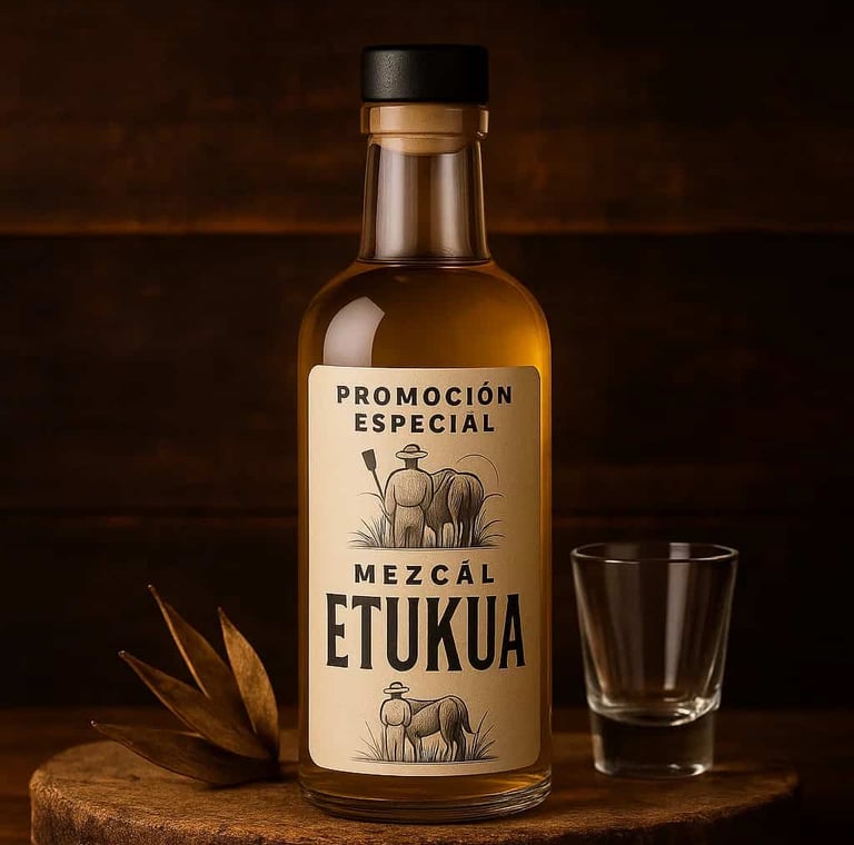 Botella elegante de mezcal artesanal Etukua con una etiqueta que destaca una promoción especial, sob