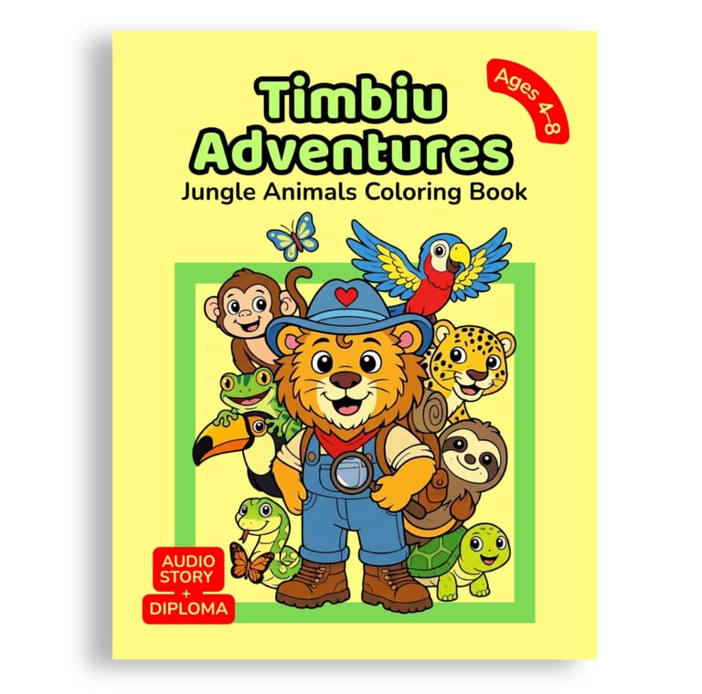 Bright yellow children’s coloring book Timbiu Adventures: Jungle Animals with cartoon lion Timbiu.