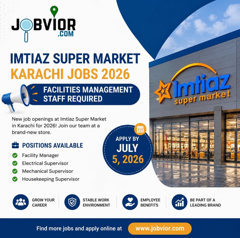 Imtiaz Super Market Karachi Jobs 2026 poster featuring facilities management vacancies, application 