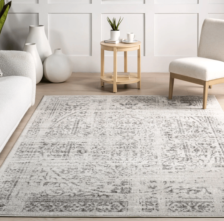 Distressed grey and white medallion area rug in a modern living room with neutral furniture.