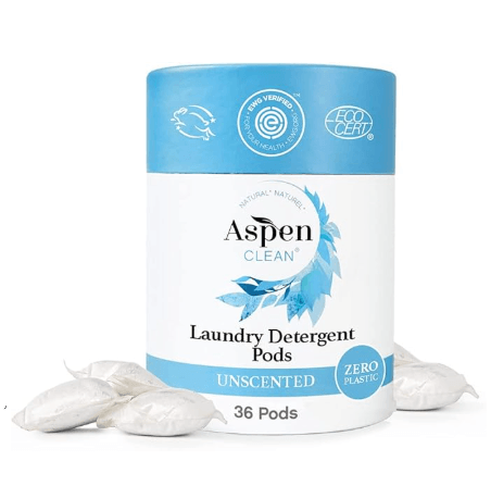 AspenClean EWG verified unscented laundry pods plant-based compostable packaging