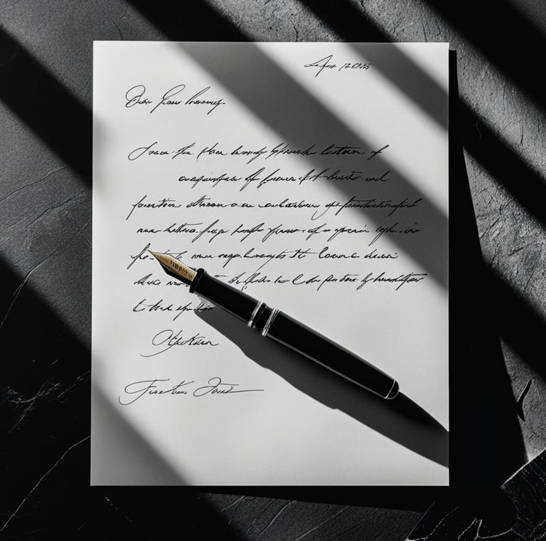 A black fountain pen resting on a handwritten letter with elegant calligraphy under dramatic shadows.