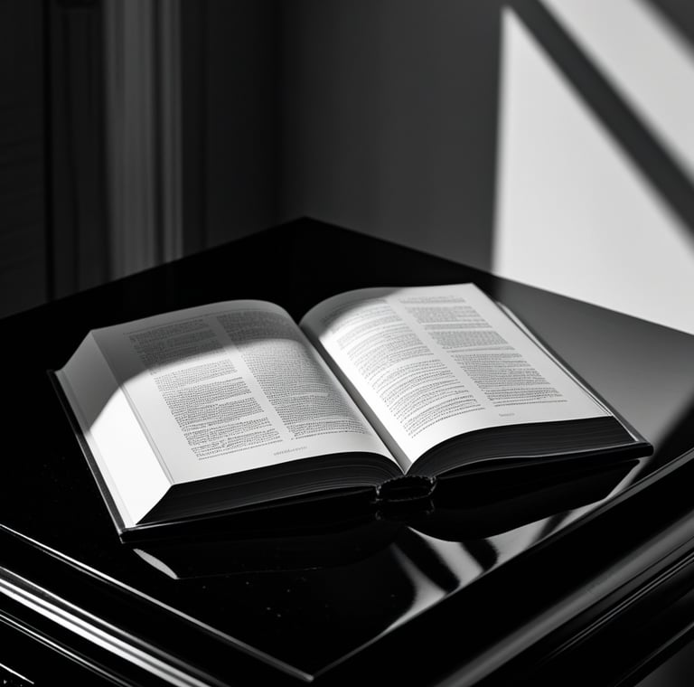 An open hardcover book on a black reflective table with dramatic shadows and lighting.