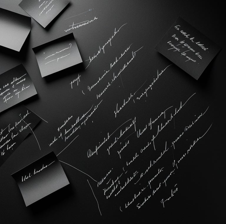 Elegant white cursive handwriting and black notes scattered on a dark surface for creative brainstorming.