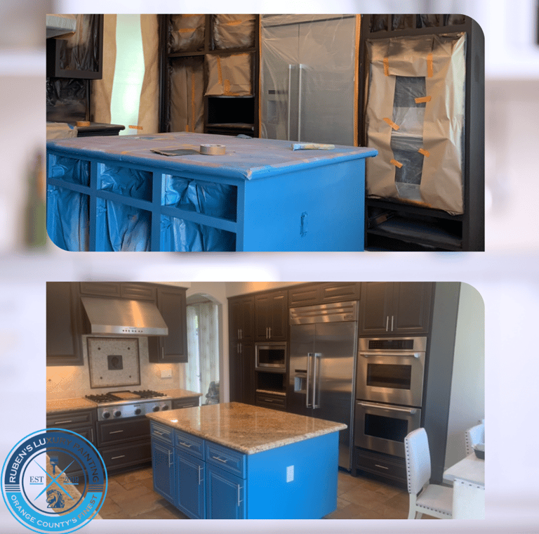 Newly blue painted kitchen island