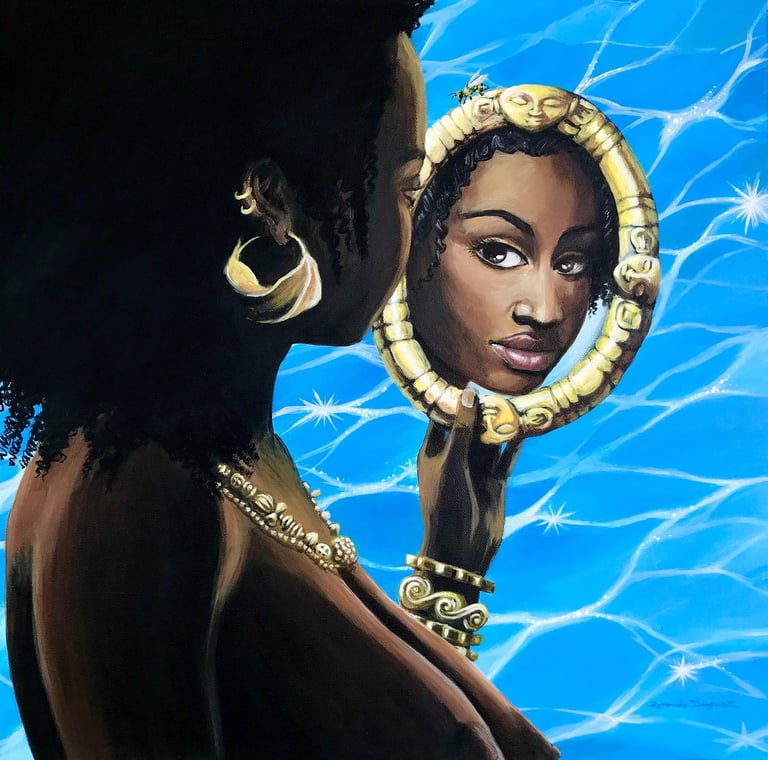 She looks at her reflection, not because she is vain, but because SHE is in love with the DIVINITY