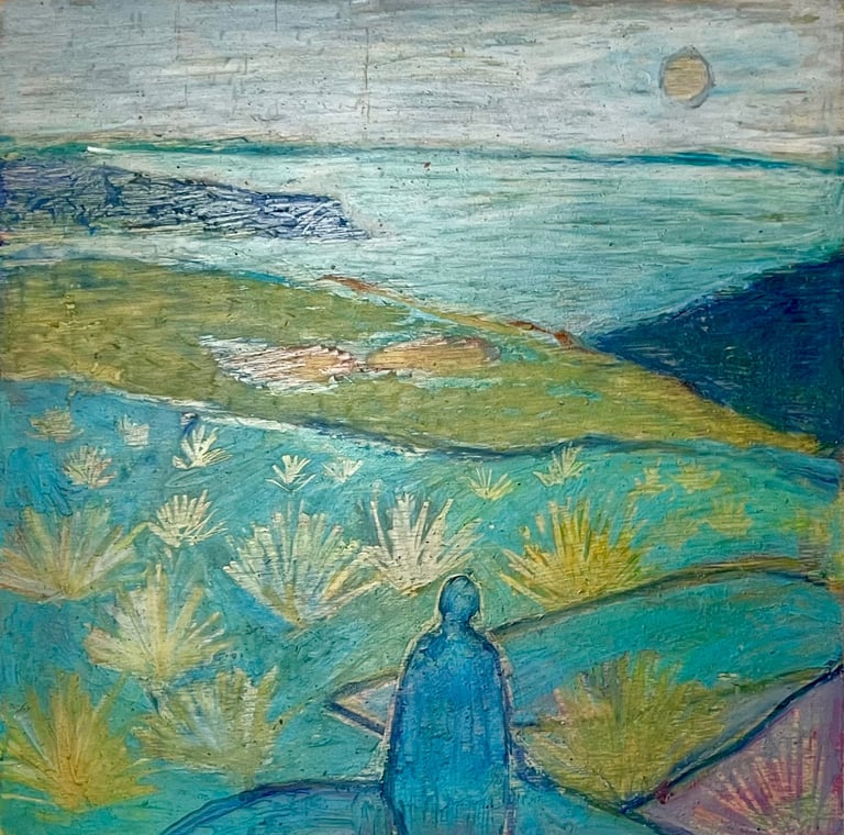 a painting of a person sitting on a hill
