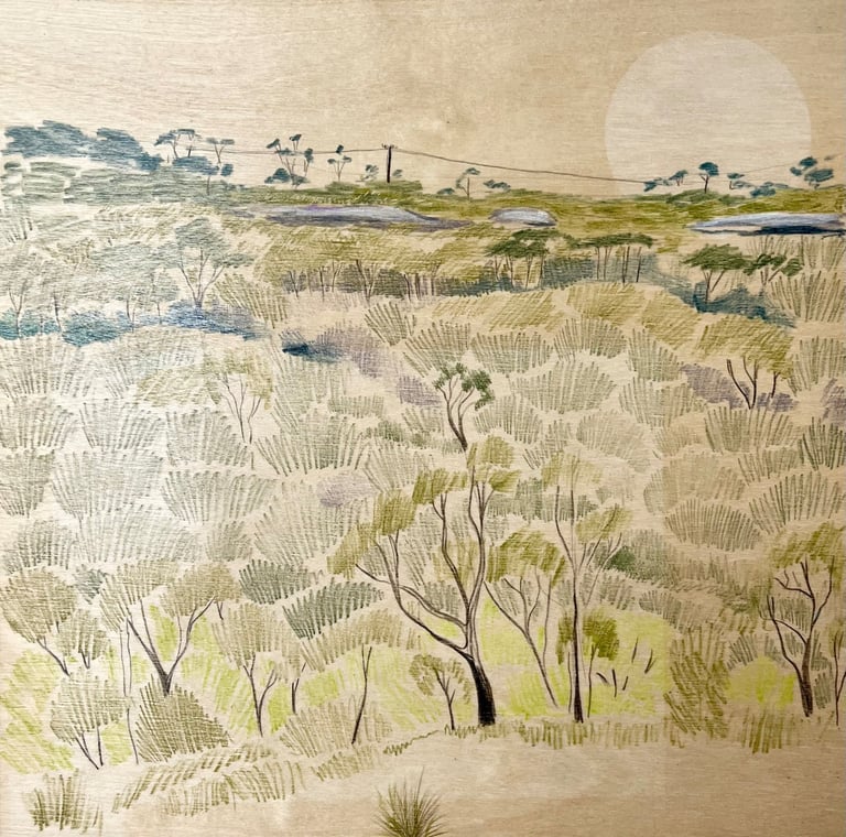 a painting of a landscape with a small power line on the hill surrounded by trees and rock