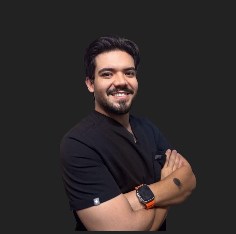 Smiling male healthcare professional in black scrubs with arms crossed against a dark background.